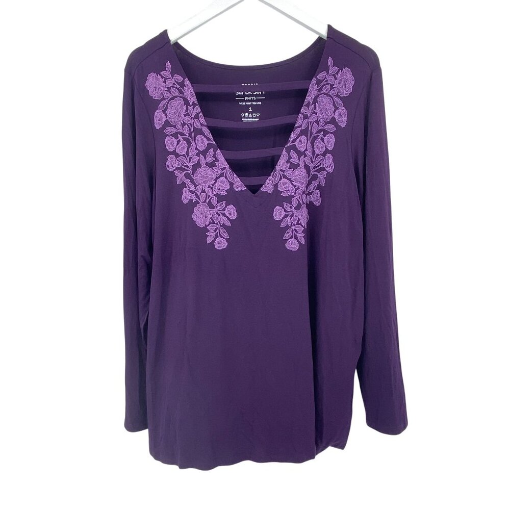 Torrid Super Soft knits floral v neck long sleeve tee shirt size 1X NWT purple